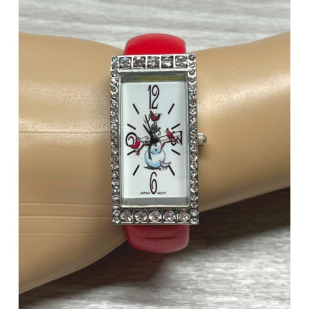 JB Womens Cuff Watch Bracelet Christmas Snowman with Birds Rhinestones